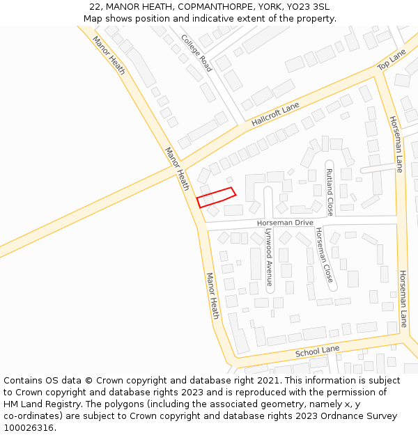 22, MANOR HEATH, COPMANTHORPE, YORK, YO23 3SL: Location map and indicative extent of plot