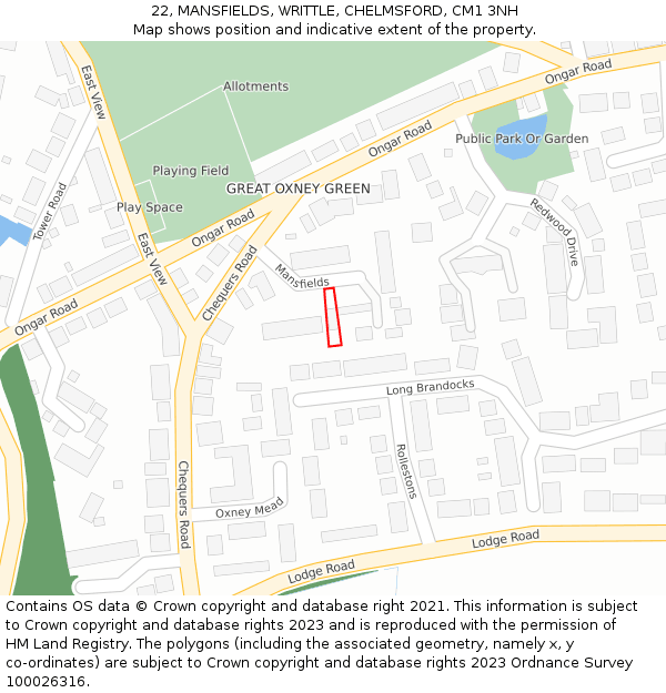 22, MANSFIELDS, WRITTLE, CHELMSFORD, CM1 3NH: Location map and indicative extent of plot