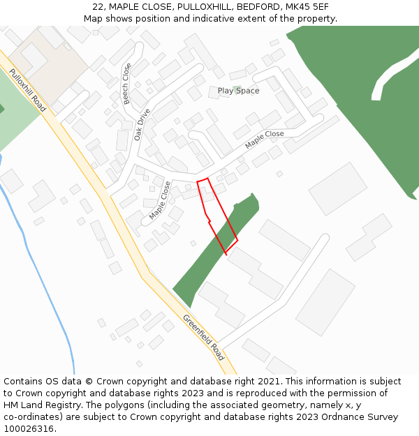 22, MAPLE CLOSE, PULLOXHILL, BEDFORD, MK45 5EF: Location map and indicative extent of plot