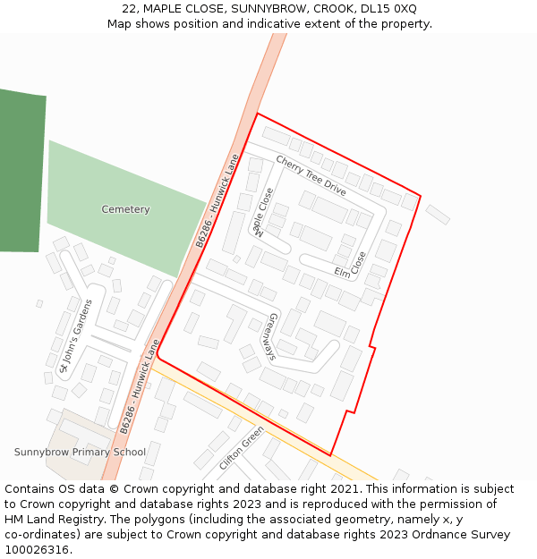 22, MAPLE CLOSE, SUNNYBROW, CROOK, DL15 0XQ: Location map and indicative extent of plot