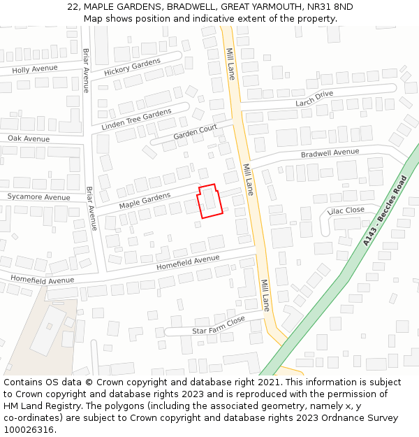 22, MAPLE GARDENS, BRADWELL, GREAT YARMOUTH, NR31 8ND: Location map and indicative extent of plot