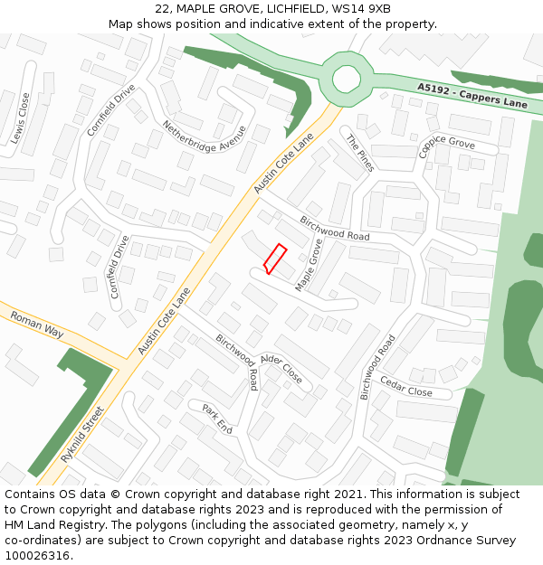 22, MAPLE GROVE, LICHFIELD, WS14 9XB: Location map and indicative extent of plot