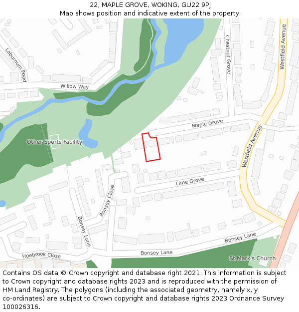 22, MAPLE GROVE, WOKING, GU22 9PJ: Location map and indicative extent of plot