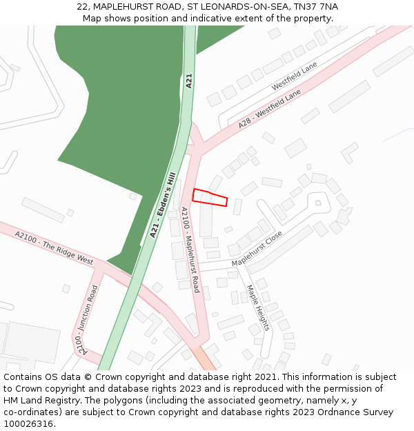 22, MAPLEHURST ROAD, ST LEONARDS-ON-SEA, TN37 7NA: Location map and indicative extent of plot