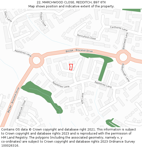 22, MARCHWOOD CLOSE, REDDITCH, B97 6TX: Location map and indicative extent of plot