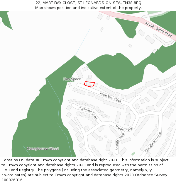 22, MARE BAY CLOSE, ST LEONARDS-ON-SEA, TN38 8EQ: Location map and indicative extent of plot