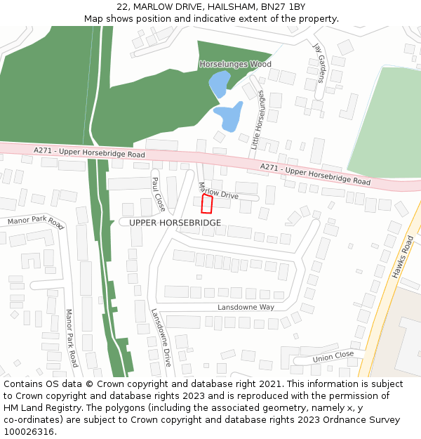 22, MARLOW DRIVE, HAILSHAM, BN27 1BY: Location map and indicative extent of plot