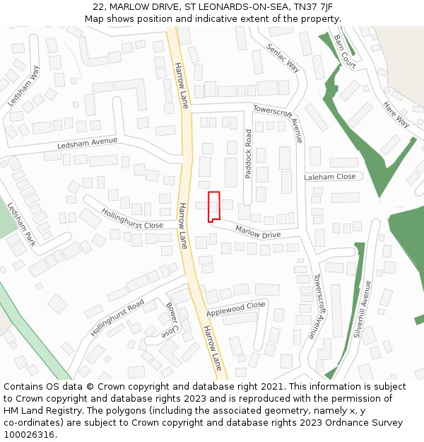 22, MARLOW DRIVE, ST LEONARDS-ON-SEA, TN37 7JF: Location map and indicative extent of plot