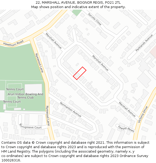 22, MARSHALL AVENUE, BOGNOR REGIS, PO21 2TL: Location map and indicative extent of plot