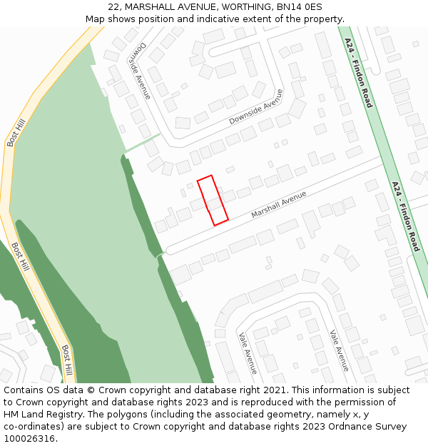 22, MARSHALL AVENUE, WORTHING, BN14 0ES: Location map and indicative extent of plot