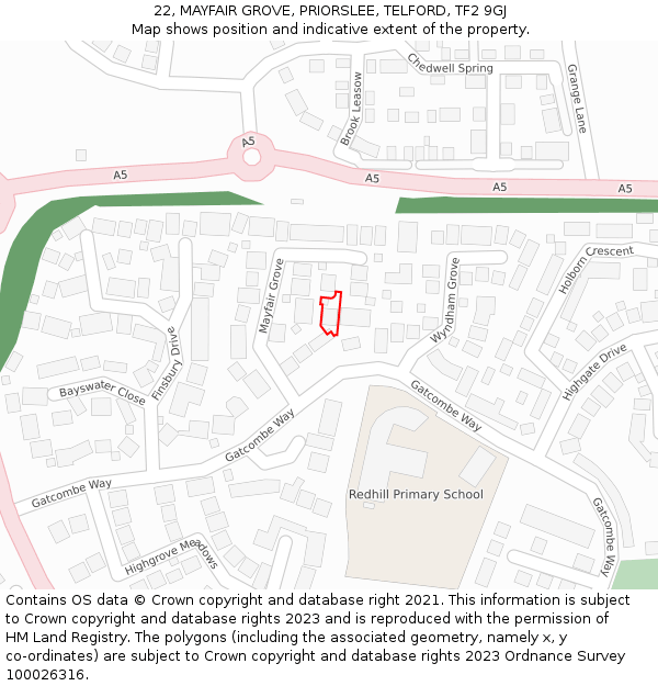 22, MAYFAIR GROVE, PRIORSLEE, TELFORD, TF2 9GJ: Location map and indicative extent of plot