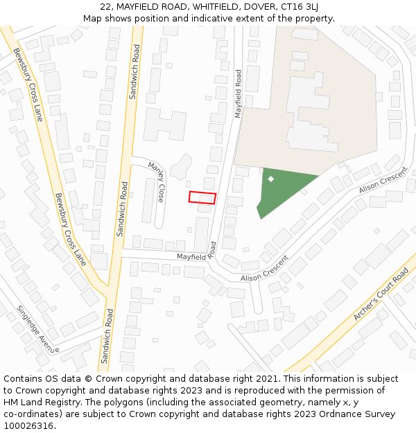 22, MAYFIELD ROAD, WHITFIELD, DOVER, CT16 3LJ: Location map and indicative extent of plot