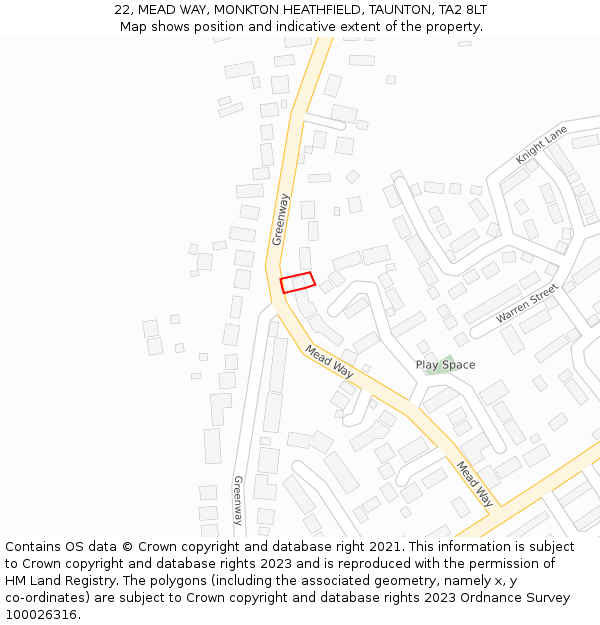 22, MEAD WAY, MONKTON HEATHFIELD, TAUNTON, TA2 8LT: Location map and indicative extent of plot
