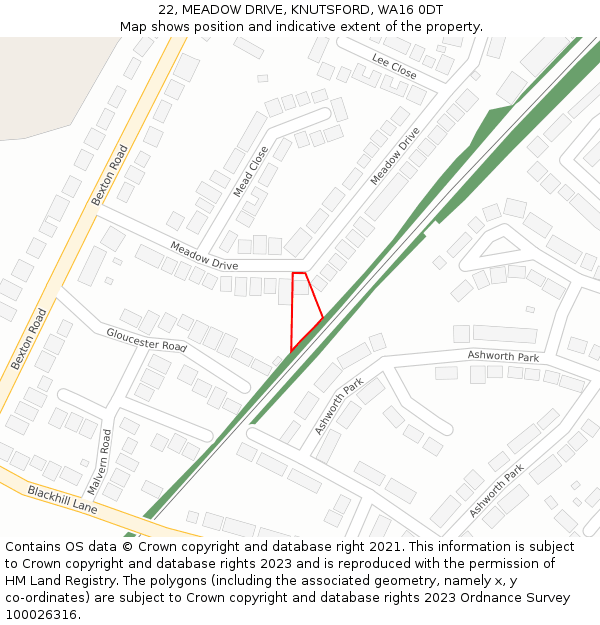 22, MEADOW DRIVE, KNUTSFORD, WA16 0DT: Location map and indicative extent of plot