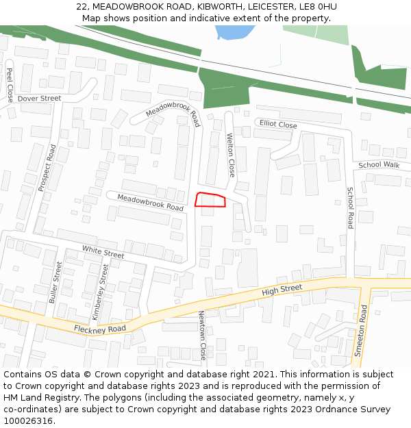 22, MEADOWBROOK ROAD, KIBWORTH, LEICESTER, LE8 0HU: Location map and indicative extent of plot