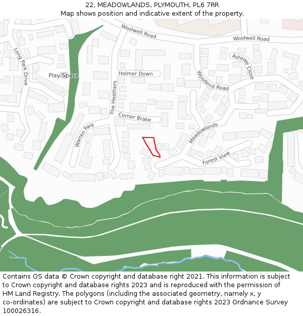 22, MEADOWLANDS, PLYMOUTH, PL6 7RR: Location map and indicative extent of plot