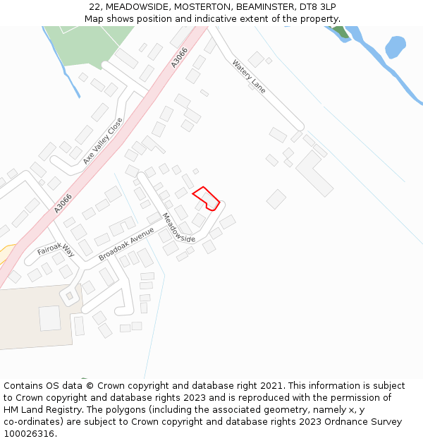 22, MEADOWSIDE, MOSTERTON, BEAMINSTER, DT8 3LP: Location map and indicative extent of plot