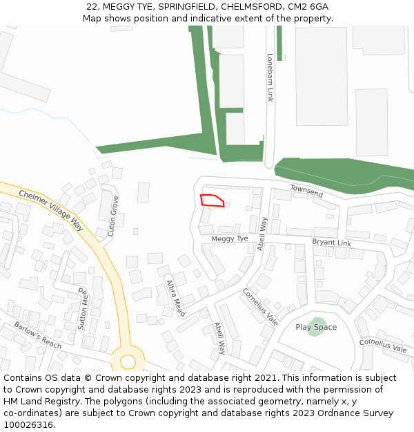 22, MEGGY TYE, SPRINGFIELD, CHELMSFORD, CM2 6GA: Location map and indicative extent of plot