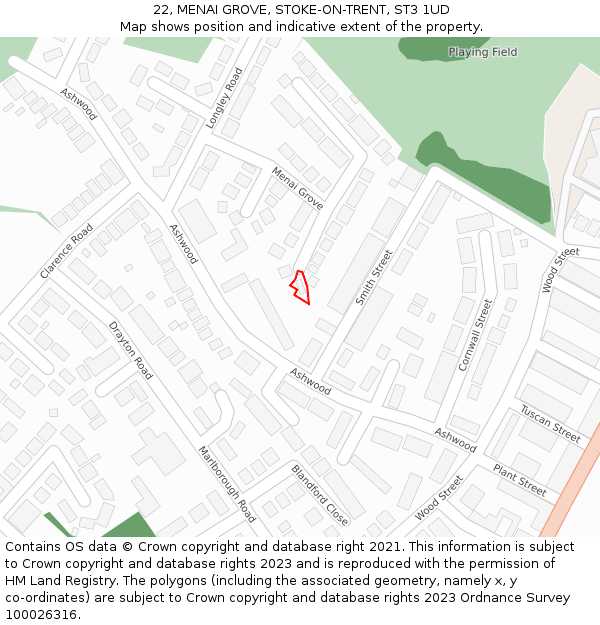 22, MENAI GROVE, STOKE-ON-TRENT, ST3 1UD: Location map and indicative extent of plot