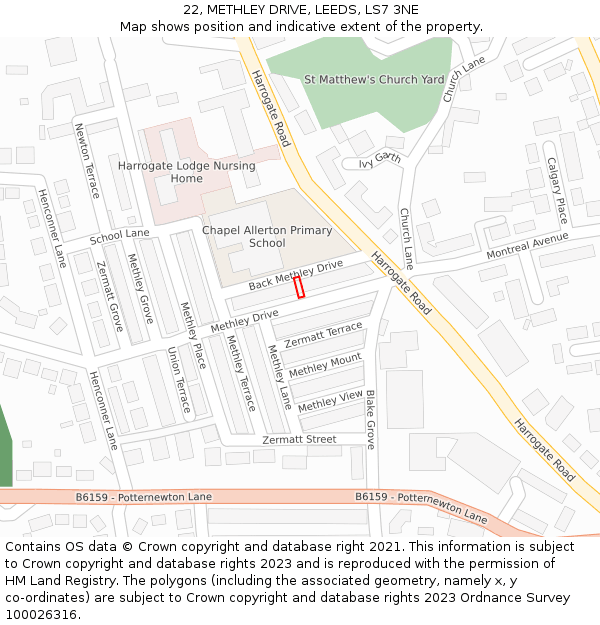 22, METHLEY DRIVE, LEEDS, LS7 3NE: Location map and indicative extent of plot