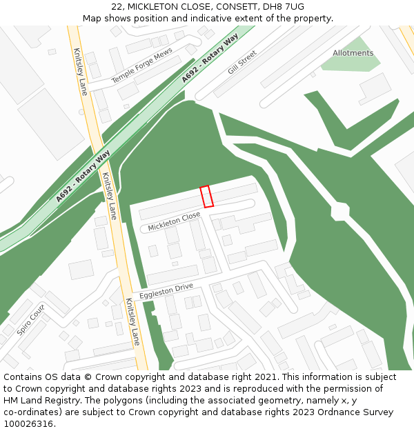 22, MICKLETON CLOSE, CONSETT, DH8 7UG: Location map and indicative extent of plot