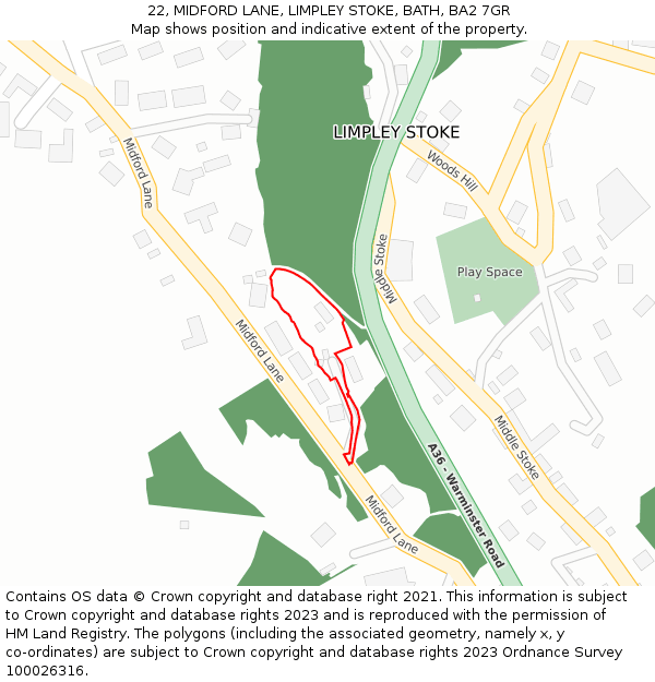 22, MIDFORD LANE, LIMPLEY STOKE, BATH, BA2 7GR: Location map and indicative extent of plot