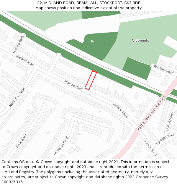 22, MIDLAND ROAD, BRAMHALL, STOCKPORT, SK7 3DR: Location map and indicative extent of plot