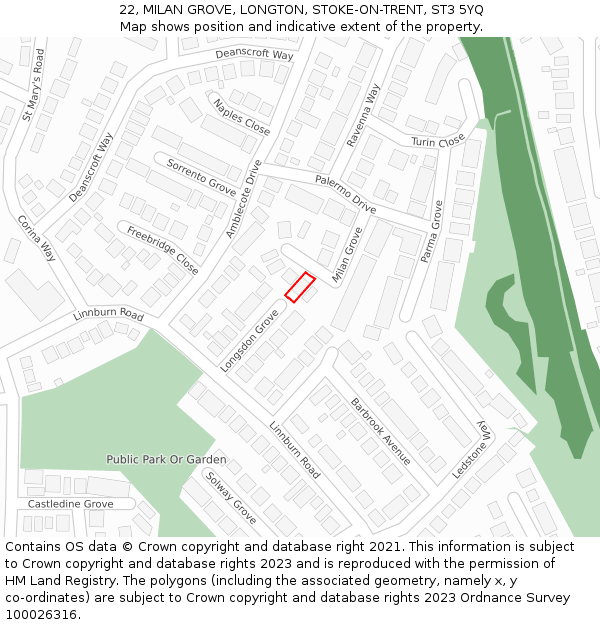 22, MILAN GROVE, LONGTON, STOKE-ON-TRENT, ST3 5YQ: Location map and indicative extent of plot