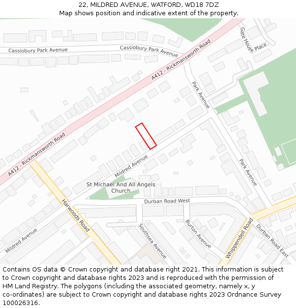 22, MILDRED AVENUE, WATFORD, WD18 7DZ: Location map and indicative extent of plot