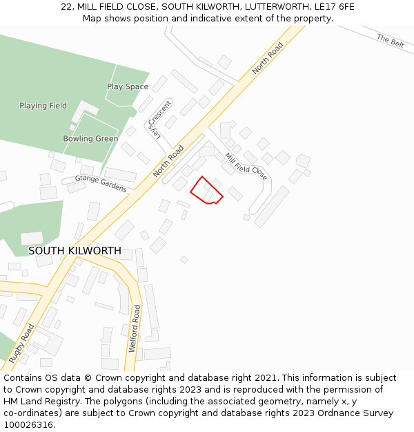 22, MILL FIELD CLOSE, SOUTH KILWORTH, LUTTERWORTH, LE17 6FE: Location map and indicative extent of plot