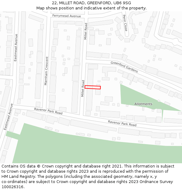 22, MILLET ROAD, GREENFORD, UB6 9SG: Location map and indicative extent of plot