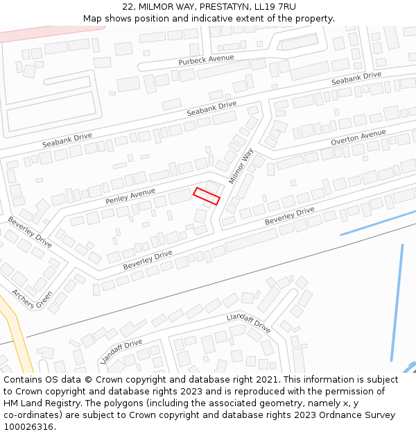 22, MILMOR WAY, PRESTATYN, LL19 7RU: Location map and indicative extent of plot