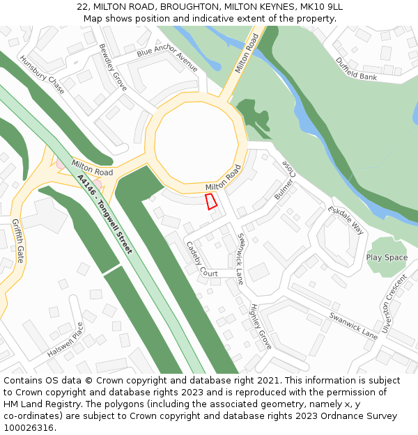 22, MILTON ROAD, BROUGHTON, MILTON KEYNES, MK10 9LL: Location map and indicative extent of plot