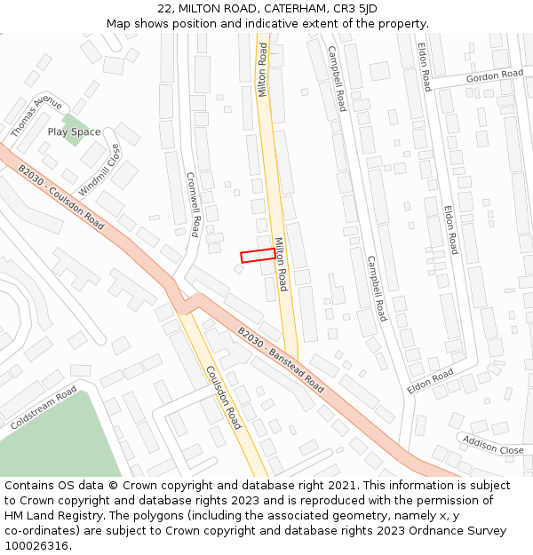 22, MILTON ROAD, CATERHAM, CR3 5JD: Location map and indicative extent of plot