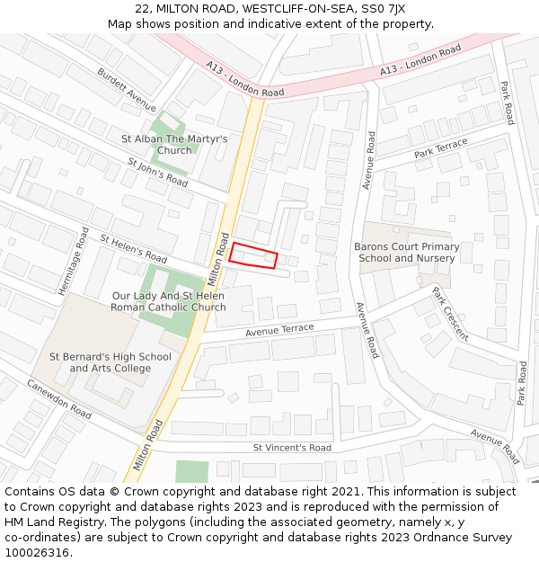 22, MILTON ROAD, WESTCLIFF-ON-SEA, SS0 7JX: Location map and indicative extent of plot