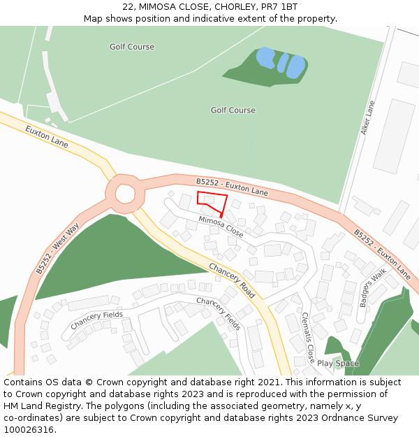 22, MIMOSA CLOSE, CHORLEY, PR7 1BT: Location map and indicative extent of plot