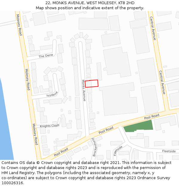 22, MONKS AVENUE, WEST MOLESEY, KT8 2HD: Location map and indicative extent of plot