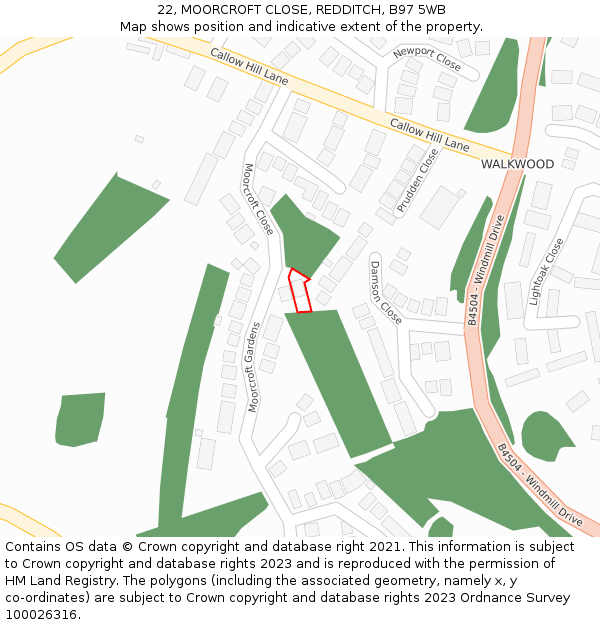 22, MOORCROFT CLOSE, REDDITCH, B97 5WB: Location map and indicative extent of plot