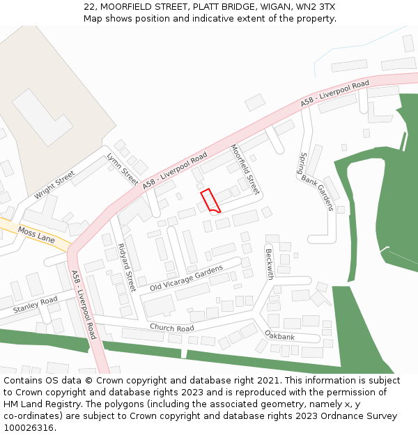 22, MOORFIELD STREET, PLATT BRIDGE, WIGAN, WN2 3TX: Location map and indicative extent of plot