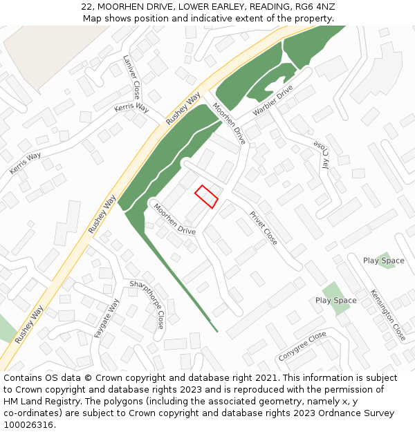 22, MOORHEN DRIVE, LOWER EARLEY, READING, RG6 4NZ: Location map and indicative extent of plot