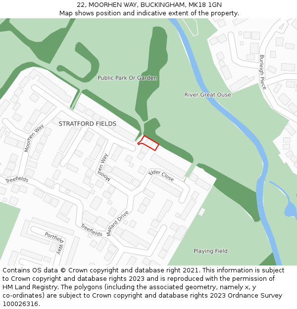 22, MOORHEN WAY, BUCKINGHAM, MK18 1GN: Location map and indicative extent of plot