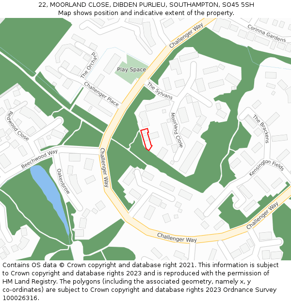 22, MOORLAND CLOSE, DIBDEN PURLIEU, SOUTHAMPTON, SO45 5SH: Location map and indicative extent of plot