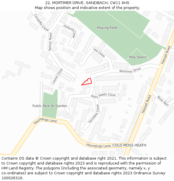 22, MORTIMER DRIVE, SANDBACH, CW11 4HS: Location map and indicative extent of plot