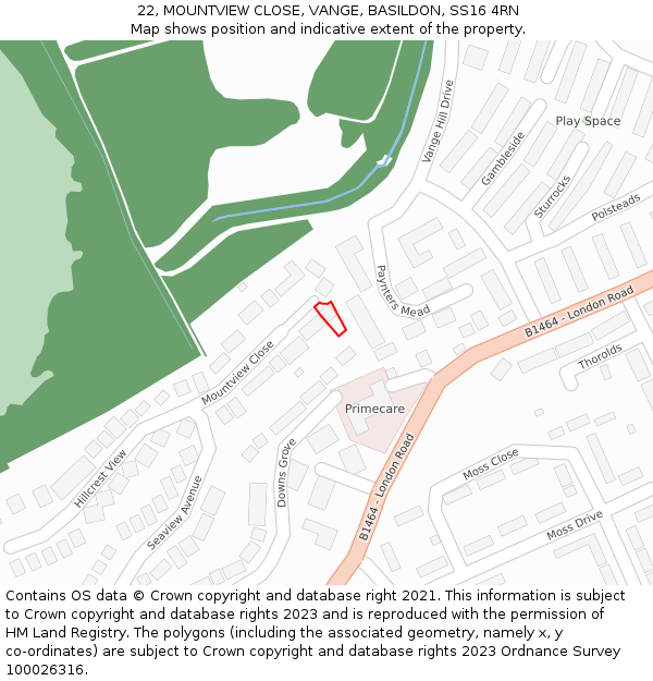 22, MOUNTVIEW CLOSE, VANGE, BASILDON, SS16 4RN: Location map and indicative extent of plot