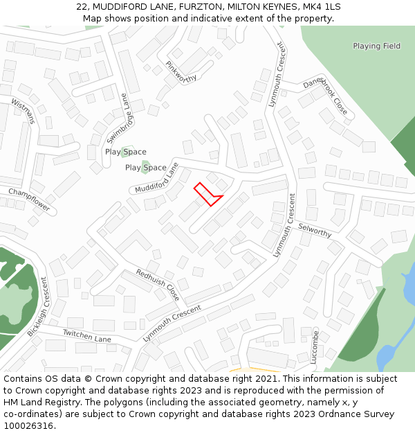 22, MUDDIFORD LANE, FURZTON, MILTON KEYNES, MK4 1LS: Location map and indicative extent of plot