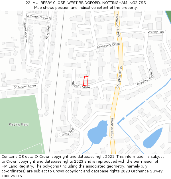 22, MULBERRY CLOSE, WEST BRIDGFORD, NOTTINGHAM, NG2 7SS: Location map and indicative extent of plot