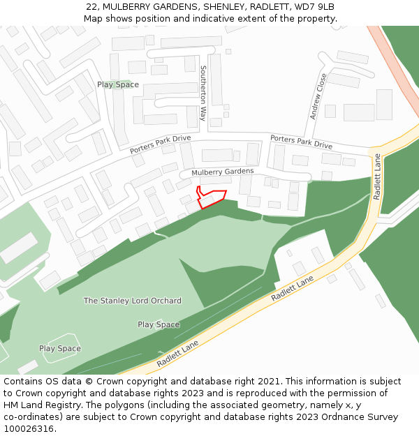 22, MULBERRY GARDENS, SHENLEY, RADLETT, WD7 9LB: Location map and indicative extent of plot