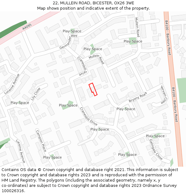 22, MULLEIN ROAD, BICESTER, OX26 3WE: Location map and indicative extent of plot