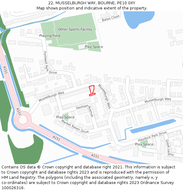 22, MUSSELBURGH WAY, BOURNE, PE10 0XY: Location map and indicative extent of plot