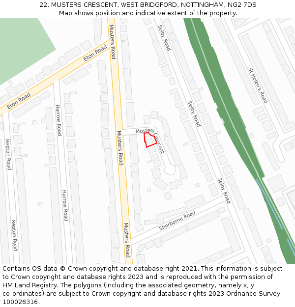 22, MUSTERS CRESCENT, WEST BRIDGFORD, NOTTINGHAM, NG2 7DS: Location map and indicative extent of plot